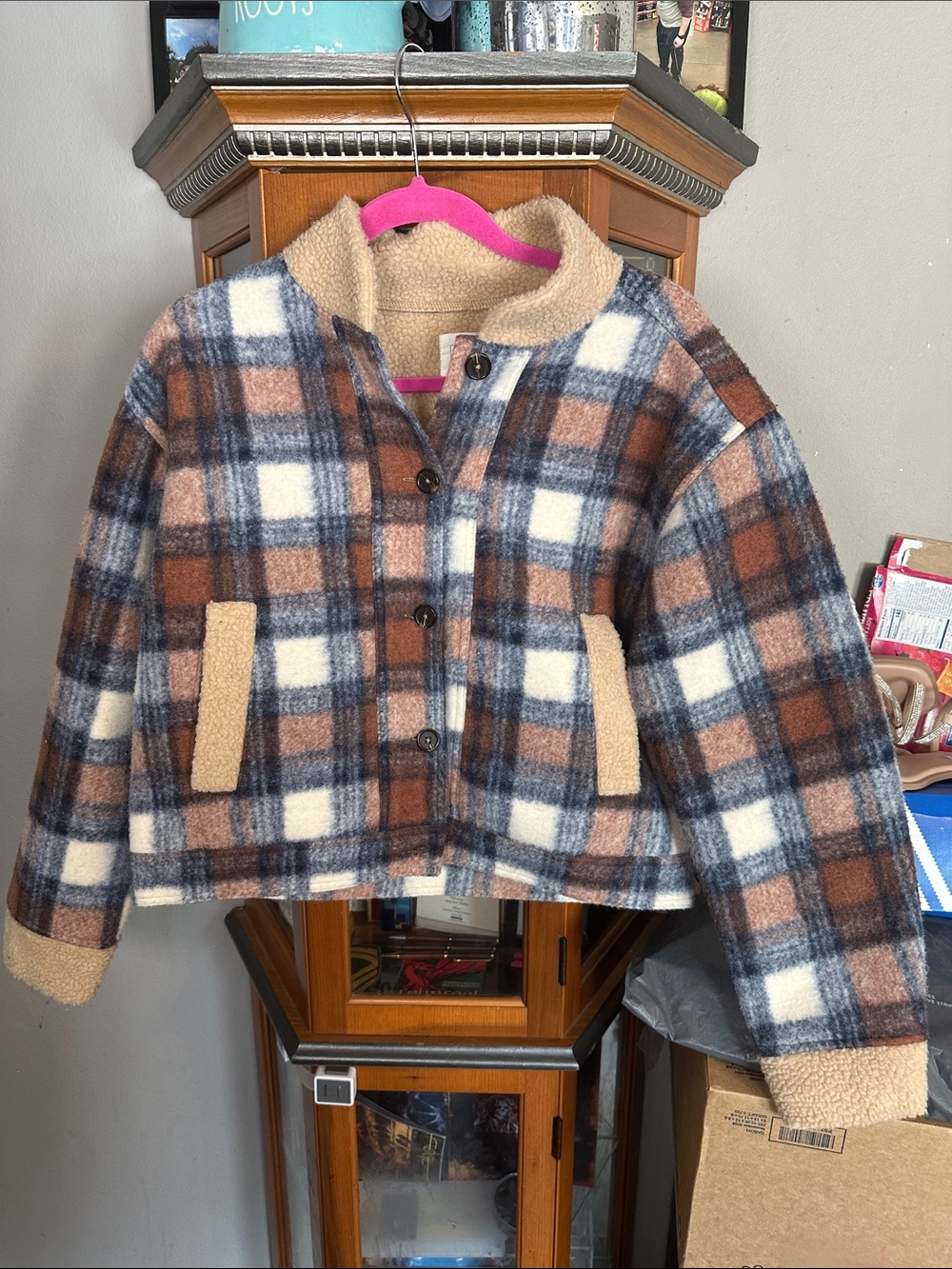 Plaid Sherpa-Lined Pea Coat - Brown, Cream & Blue